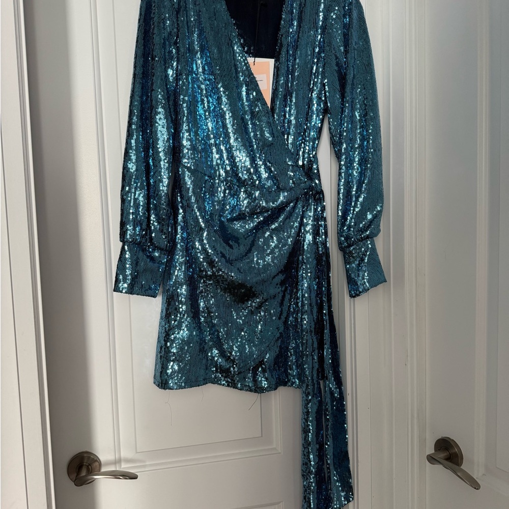 Elegant Teal Sequin Wrap Mini Dress